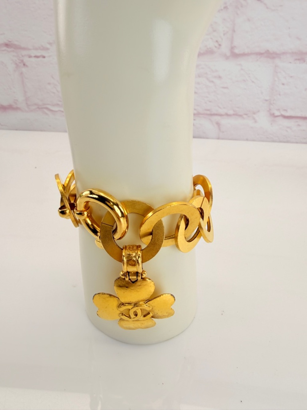 Chanel Gold Hammered Metal Round Chain Link CC Clover Charm Bracelet - Picture 2 of 12
